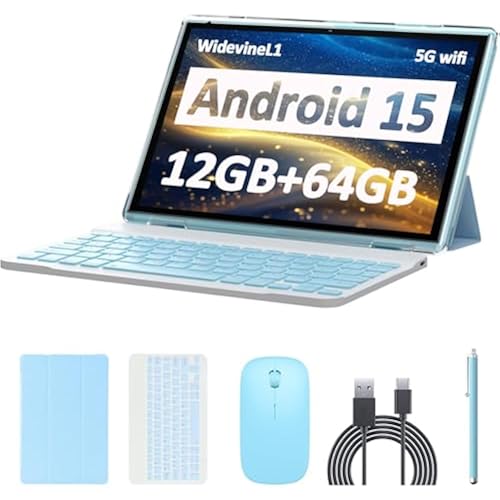 Android 15 Tablet, 10 inch 12GB RAM+64GB ROM/1TB (Max), 2 in 1 Tablets with Keyboard Case Mouse Stylus, 1.8GHz Quad-core Processor, 1280*800 IPS HD Touch Screen, 8MP Camera, 5G Wi-Fi 6 BT 5.0 Tablet