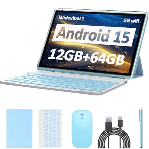 Android 15 Tablet, 10 inch 12GB RAM+64GB ROM/1TB (Max), 2 in 1 Tablets with Keyboard Case, Mouse Capacitive Pen, 1.8GHz Quad-Core Processor, IPS HD Touch Screen