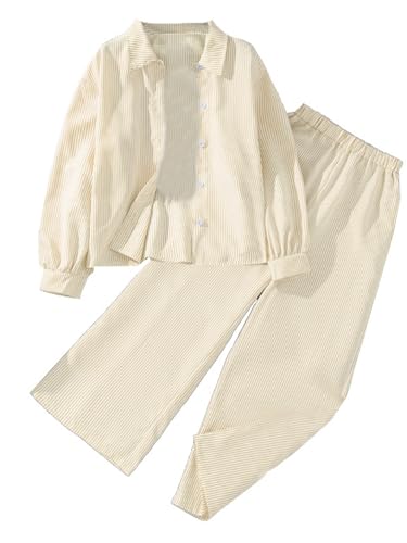 Aiihoo Kids Girls Fashion Striped Long Sleeves Button Up Shirt with Elastic Waist Wide- Leg Pants Lightweight Casual Outfits Light Brown 8-9 Years