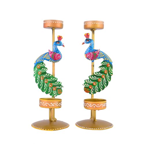 Image of CraftVatika Metal Peacock Candle Holder Set of 2 - Perfect House Decoration Diwali Gifting Items, Handpainted Tealight Candle Holders for Home Christmas Decor (21.5 CM Height)