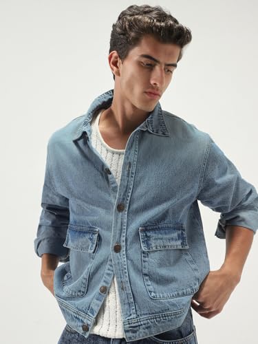 Image of Urbano Fashion Men's Relaxed Fit Full Sleeve Utility Denim Jacket