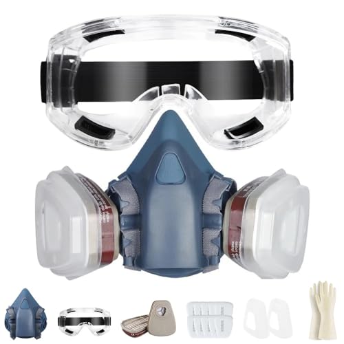 Sumeber Cubierta reutilizable profesional de la mitad de la cara con gafas de protección - Equipado con 2 filtros y 6 filtros de algodón para pintura industrial, gas, protección, manualidades, pintura