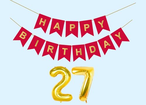 Image of 27th Happy Birthday Decoration Kit Red for 27 year Old Boys Girls Men with Number Twenty-seven Party Decorations Decor Celebration Items Item Set Combo Reusable Paper Banner