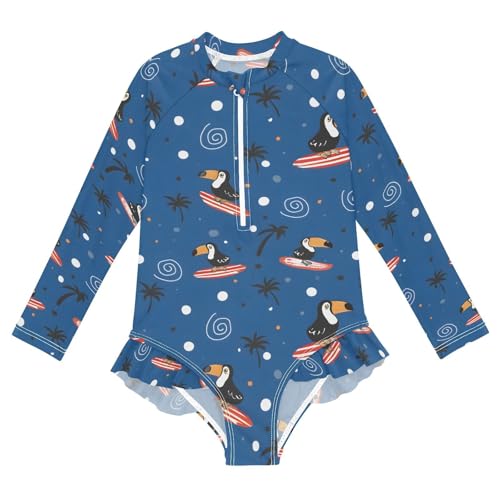 ALAZA Toucan Palm Tree Bird Blue Girls One Piece Swimsuit Long Sleeve Rash Guard Swimsuits UV 50+ Swimwear Zipper