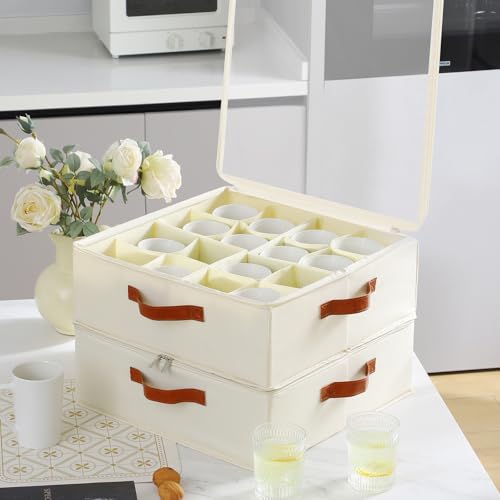 Foyego 2 Pack Coffee Mug Storage Box with Dividers, Stackable China Storage Containers with Lid, Zipper, and Handles for 32 Coffee Mugs and Cups, Mug Storage Organizer for Packing & Moving, Beige by Foyego - Image 7