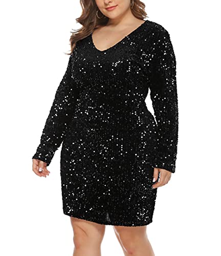 Easyoyo Vestido feminino de lantejoulas, sexy, gola V, manga comprida, glitter, melindrosa, vestido