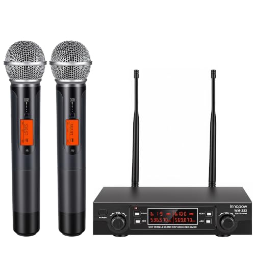 Image of innopow 200-Channel Wireless Microphones System, Dual UHF Metal Cordless Mic Set, Auto Scan, Long Range 200-240Ft,16 Hours Use for Karaoke Singing, Church, 2022 Version(WM333)