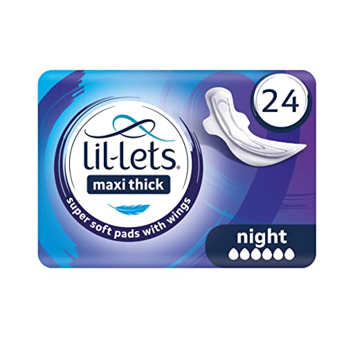 Lil-Lets Maxi Thick Period Pads X 24, Night Absorbency, with Wings, 1 Pack of 24 Maxi Pads, for Very Heavy/Extra Heavy Overnight Flow, Unscented, Nightime Sanitary Towel (Packing May Vary)