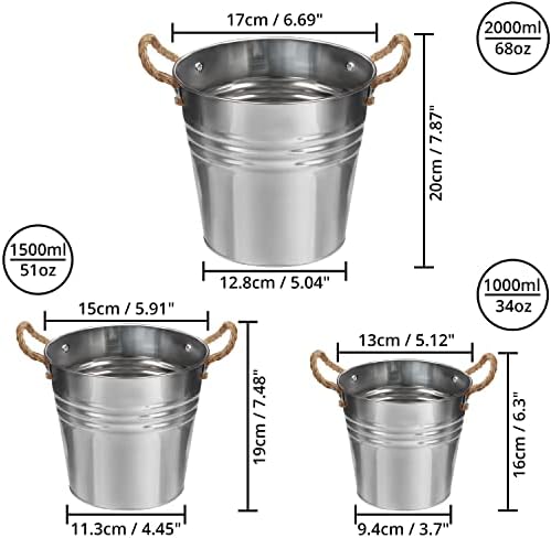 Belle Vous Silver Metal Bucket (3 Pack) - Galvanised Iron Heavy Duty Buckets with Handle - Indoor/Outdoor Home & Garden Storage for Ash, Coal, Party Favors, Cleaning Supplies, Flowers & Ice Buckets