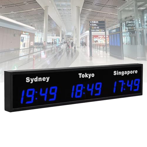 Hydravex Reloj Mundial Grande, Reloj de Pared Digital LED con 3/4/5 Zonas horarias, Ideal para Interiores, Oficina, hogar, Sala de Estar, Escuela, hoteles, Empresas y aeropuertos. Blue-3City