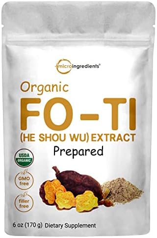 Maximum Strength Organic Fo-Ti (He Shou Wu) 50:1 Extract Powder, Traditional Anti-Aging Herb, Powerfully Promotes Hair Health & Antioxidant, 4 Ounce, Non-GMO and Vegan Friendly