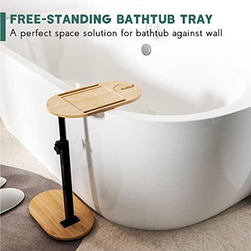 image for Yumkfoi Bamboo Bathtub Tray Table with Adjustable Height, Freestanding