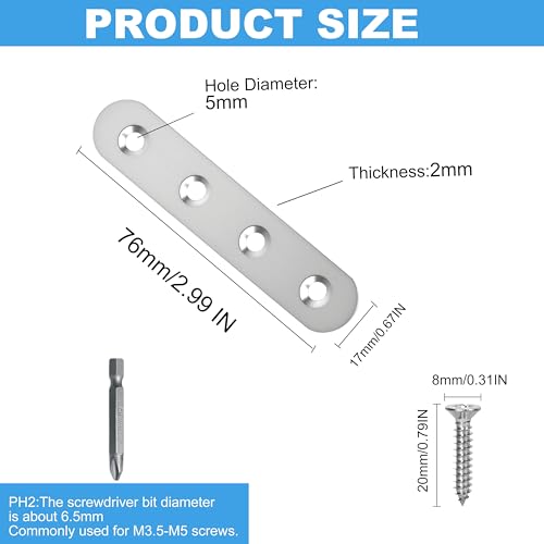 Image of 12 Pack Straight Brace,Flat Brace 3 inch x 0.67 inch,Stainless Steel Flat Metal Braces,Repair Bracket with Screws