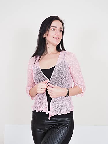 Ladies Crochet Glitter And Plain Stretch Lace Fish Net Bali Tie At Waist Bolero Shrug Open Cardigan (One Size Fits Uk 8-16, Pink) #TOP2