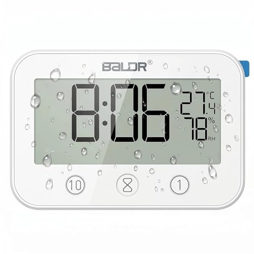 LXSZRPH Digital LCD Waterproof Timer Shower Clock, Waterproof for Water Spray, Bathroom Clock Wall Mount, Two Suction Cup, Displays Time, Temperature, and Indoor Relative Humidity (1, White)