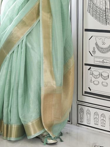 Image of MADHUHANSH Women's Cotton Linen Saree with Unstitched Blouse Piece and Solid Pattern | Mithila Painting Saree | Saree for Haldi Ceremony