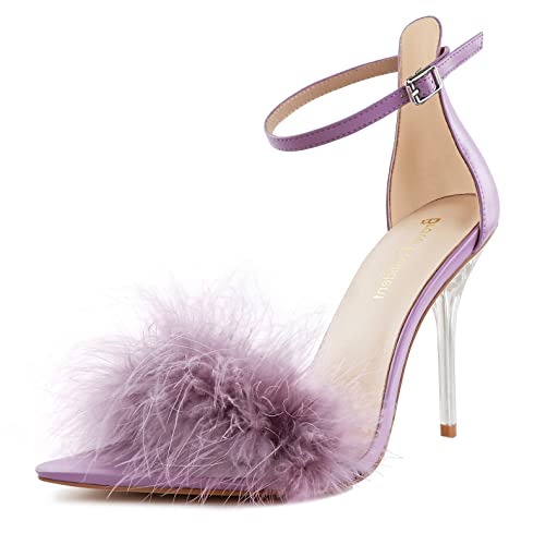Erikenurben Women's Heeled Sandals 4.3 Inches Fluffy Feather Open Toe Stiletto High Heels Summer Ankle Strap Formal Party Dress Shoes Purple Us Size 9 #TOP25