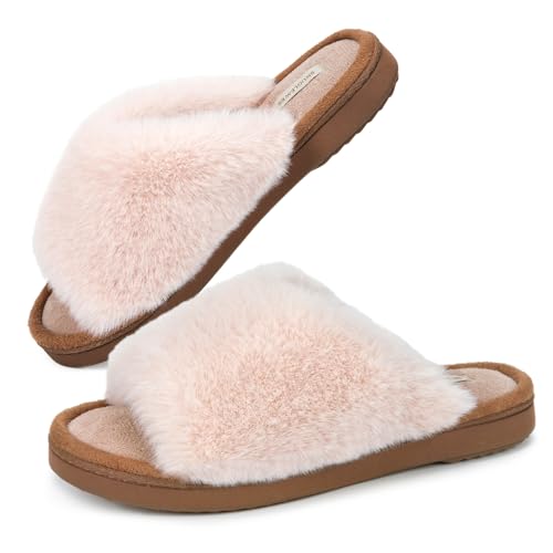Snug Leaves Ladies' Deluxe Fluffy Memory Foam Slip on Slippers Cozy Faux Fur Lined Open Toe House Slides with Anti-Slip Indoor Outdoor Rubber Sole Beige,Size 5-6 UK