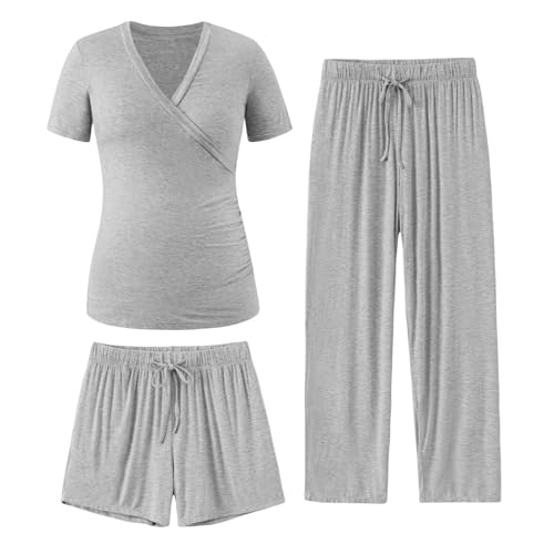 PATPAT 3-Piece Maternity Nursing Pajamas Women Lounge Set Heather Gray M