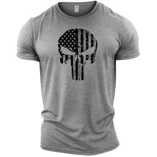 Gymtier T-shirt de musculation pour homme Motif crâne avec drapeau américain Haut d'entraînement - Gris - XL