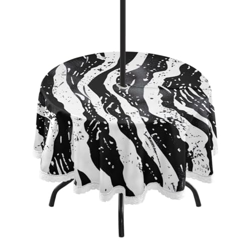 Wajiw 60 Inch Indoor Outdoor Round Tablecloth with Umbrella Hole and Zipper Waterproof Patio Table Cover for Camping Dining Room Party Outdoor Picnic,Zebra Stripes