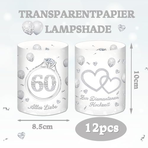 12 Windlicht Tischdeko, Diamantene Hochzeit Deko, Diamantene Hochzeit Geschenk, 60 Hochzeitstag, Geeignet für Teelichter oder Kerzen