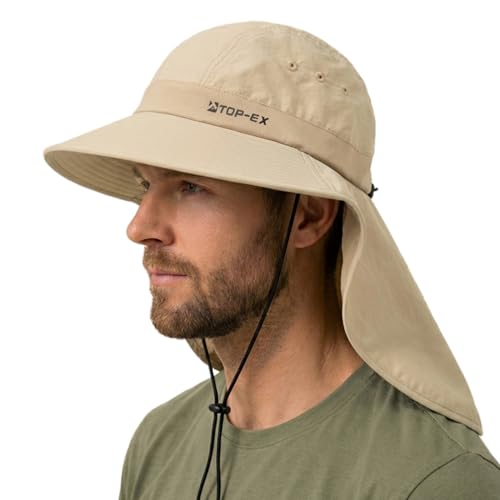 TOP-EX Herren Sonnenhut mit Nackenschutz UV-Schutz Wanderhut mit Kühlender Technologie Breite Krempe & Faltbar Safari Fischerhut für Outdoor Angeln & Garten Haferflockenfarben XL-XXL