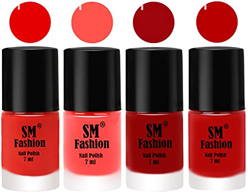 Image of Nail Polish Combo Set (Pack of 4) Quick Dry Gel Finish Nail Paint | Fire Orange,Baby Pink,Light Red,Red | 7 ml Each