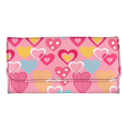 Image of AFPANQZ Leather Wallets for Women Clutch Card Slots Phone Holder Trifold Purses Card, Love Heart Pink Large Capacity Card Key Cash Storage Bags Zipper Handbag