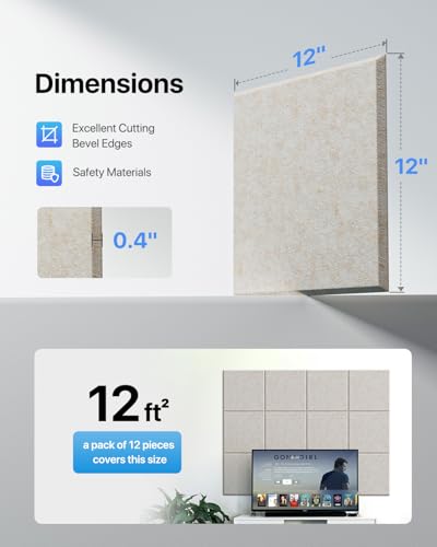 Image of Soundsbay Square Soundproof Wall Panels 12 Pack with 60 Adhesive Tapes | 150kg /m High Density Covers 11.6 sq ft, Sound Proof Panels for Walls, Home Office, Recording Studio, Bedroom 12 inch X 12 inch Beige
