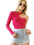 SweatyRocks Women's Long Sleeve Slim Fit Tee One Shoulder Crop Top T Shirt Hot Pink S