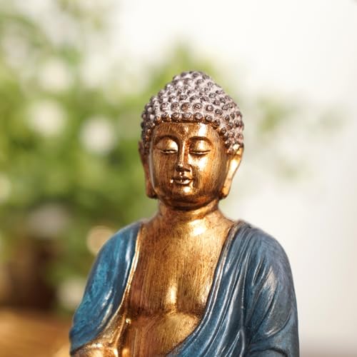 Image of PURE HOME + LIVING Dark Blue Antique Gold Polyresin Sitting Buddha - Small Statue | for Office, Temple, Home Decor, Gifts, Mahavirjayanti & Living Room | Peaceful Buddha Sculpture (Pack of 1)