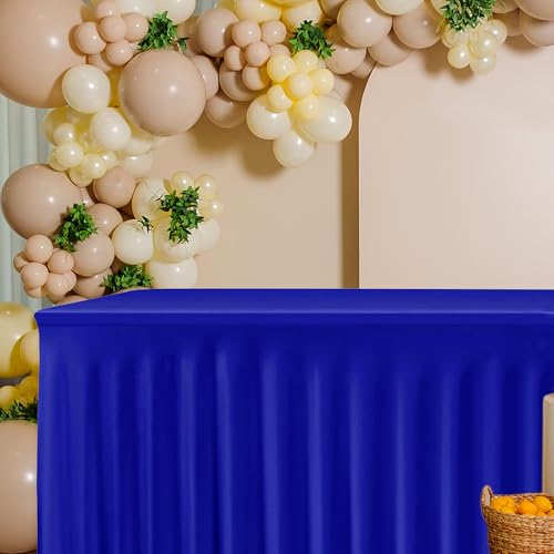 Image of HolidayIdeas Royal Blue Spandex Table Skirts for Rectangle Tables 6ft, Fitted Stretch Table Cover 30x72 Inch, Wrinkle-Free Ruffle Design Tablecloths for Banquets,Trade Shows, Parties, Events, 2 Pack