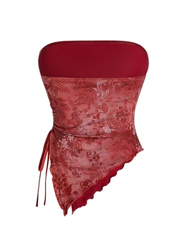 Milumia Women's Floral Print Strapless Tube Top Ruched Drawstring Asymmetrical Tank Tops2