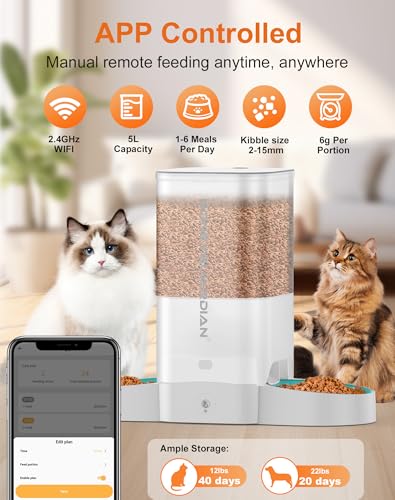 HoneyGuaridan 5L Automatic Cat Feeder for Two Cats, 2.4G WiFi Enabled Smart Feed Pet Feeder with Slow Feeder Bowl,APP Control Dispenser, Dual Power Supply,Desiccant Bag,10s Meal Call White - Thumbnail 2