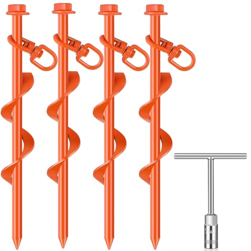 Hiboom 4 Pcs Ground Anchor Screw in, Trampoline Anchors, Orange, 8 Inch