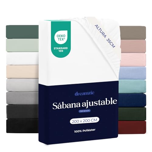 Dreamzie Sabanas Bajeras 200x200 – Bonete 35 cm – Microfibra Suave – para Colchones Gruesos – Certificado Oeko-Tex – Blanco