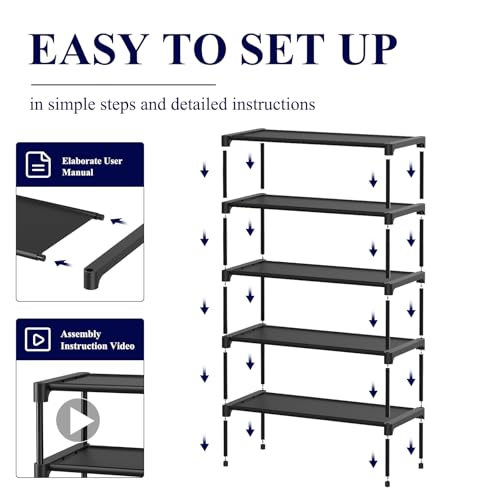 Kitsure Shoe Rack - Non-Woven Shoe Rack Shelf, Shoe Organizer for Closet, Entryway, Garage & Corridor, Stackable Shoe Shelves, 27.5" Wide - 5 Tier, Black