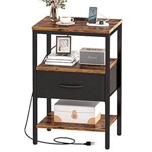 SUPERJARE Nightstand with Charging Station, Bed Side Table with Adjustable Fabric Drawer, Night Stand for Bedroom, 3-Tier Storage End Table, for Living Room – Rustic Brown