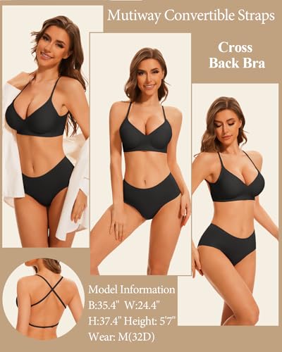 Image of Deep V Neck Backless Bras for Women Padded Bralette Push Up Seamless Wire-Free Low Back Bra Convertible Straps, Black, S