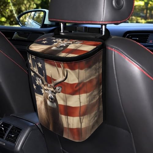 Image of Talayituse American Flag Deer Print Car Trash Can with Adjustable Straps, Foldable Car Trash Bag Bin Car Garbage Bag Multipurpose Storage Box for Vehicle Travel Camping Picnicing