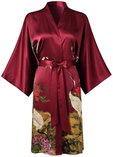 Image of Women's Silk Kimono Robe Short Bathrobe Nightgown 100% Mulberry Silk for Women - Classic Floral Pattern