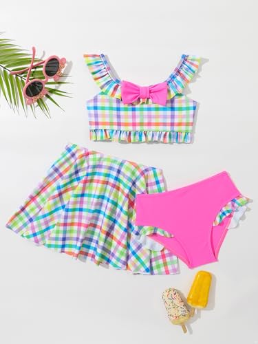Kids Girls 3 Pcs Swimsuits Plaid Ruffles Sleeve Crop Top Brief with Swimskirts Bathing Suits3