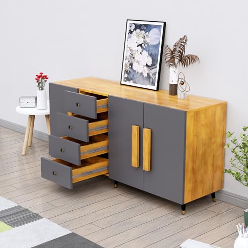 Image of Multipurpose Storage Cabinet for Living Room, Kitchen, Office, Sideboard Cabinet with 4 Drawer and 3 Door Storage (Giant Wood & Slate Grey)