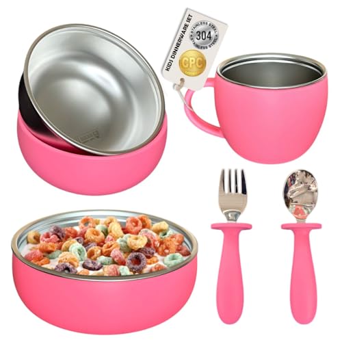 Image of Kids Stainless Steel Dinnerware Set – Toddler Dining Set with Heat-Reducing Silicone Sleeves | Nontoxic Bowls & Cup with Handle | Unbreakable Dish Set | BPA-Free Reusable Utensils (Pink)