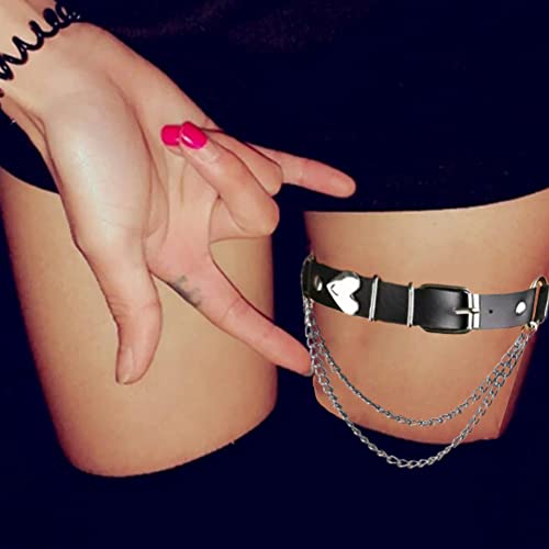 Lockban Adjustable Heart-Shaped Thigh Garter 2 Pieces Punk Leather Garter Belts Leg Garter With Chains Body Accessories For Women And Girls, Black #TOP2