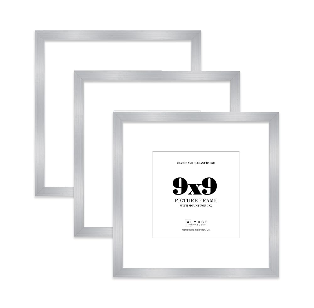 9x9 Silver Picture Frame with Mount for 7x7 Photos, Prints - Modern Square Wall Frame, Set of 3