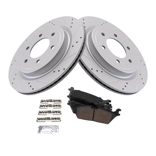 Image of TRQ Performance Rear Brake Pad and Rotor Set Ceramic Coated Drilled Slotted Rotors Compatible with 2021 Ford F-150 2022 Expedition Lincoln Navigator