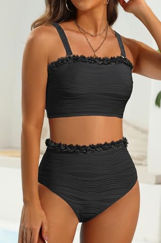 Image of High Waisted Bandeau Bikini Set - Women Strapless Two Piece Swimsuits Ribbed Longline Full Coverage Bathing Suits Swimwear