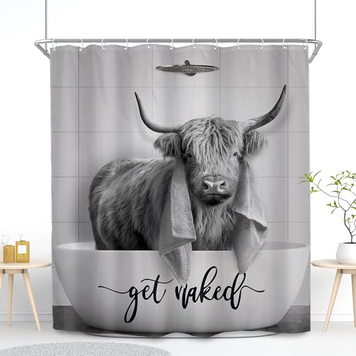Highland Cow Rustic Gray Bull Cattle Vintage Bathroom Shower Curtain Set